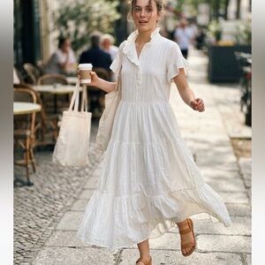 Mille Victoria Tiered Ruffle Maxi Dress XXS Off White Textured 100% Cotton NWOT